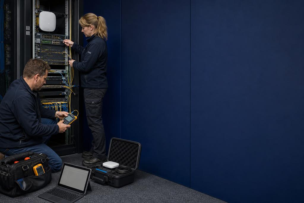 Illustratieve netwerkengineers die bij noodhulp een kritieke legacyroute vanuit bekende configuratie en reserve herstellen