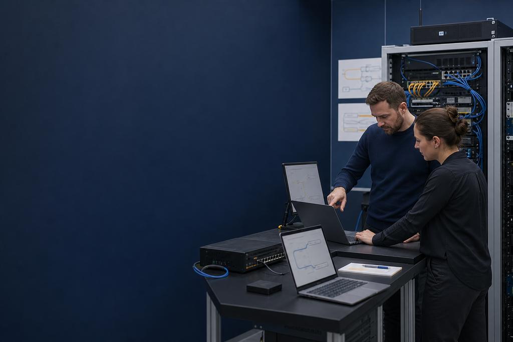 Illustratieve netwerk- en cloudengineers die kantoorroute, tunnel, private DNS, peering, endpoint en applicatierespons optimaliseren