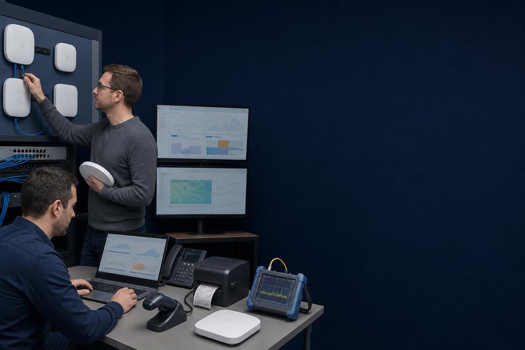 Illustratieve WiFi-specialisten die accesspoints, roaming, radiodrukte, PoE en een echte draadloze werktaak vergelijken