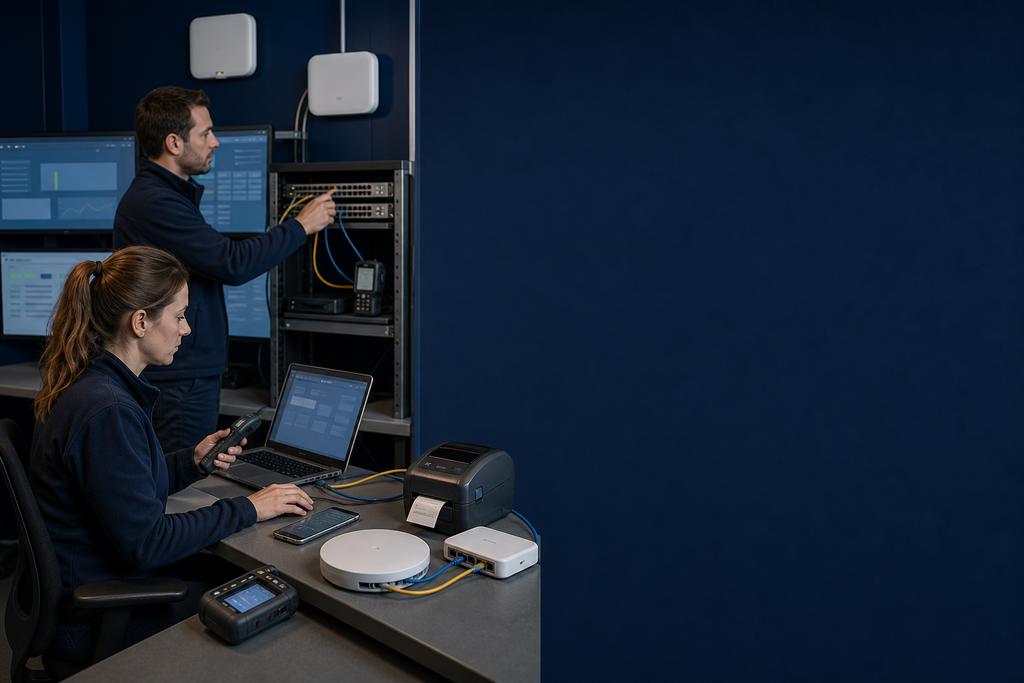 Illustratieve WiFi- en accessspecialisten die een gerichte radio-, roaming-, 802.1X-, PoE- of clientcorrectie in een testzone valideren