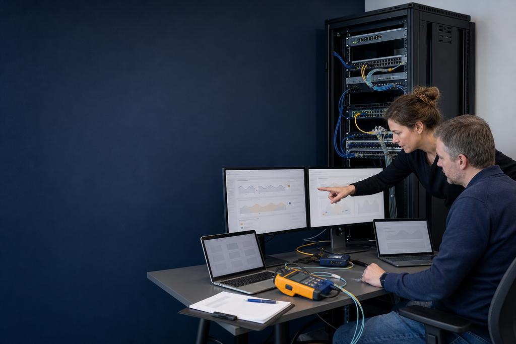 Illustratieve netwerkengineer en serviceverantwoordelijke die een gerichte netwerkcorrectie met beperkte testgroep, terugweg en functionele controle uitvoeren