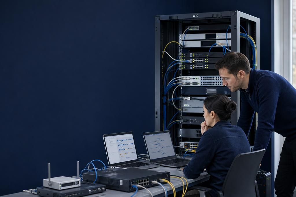 Illustratieve netwerk- en cloudspecialisten die een versiebeheerste route-, private-DNS- of endpointcorrectie via een veilige cloudcanary uitvoeren
