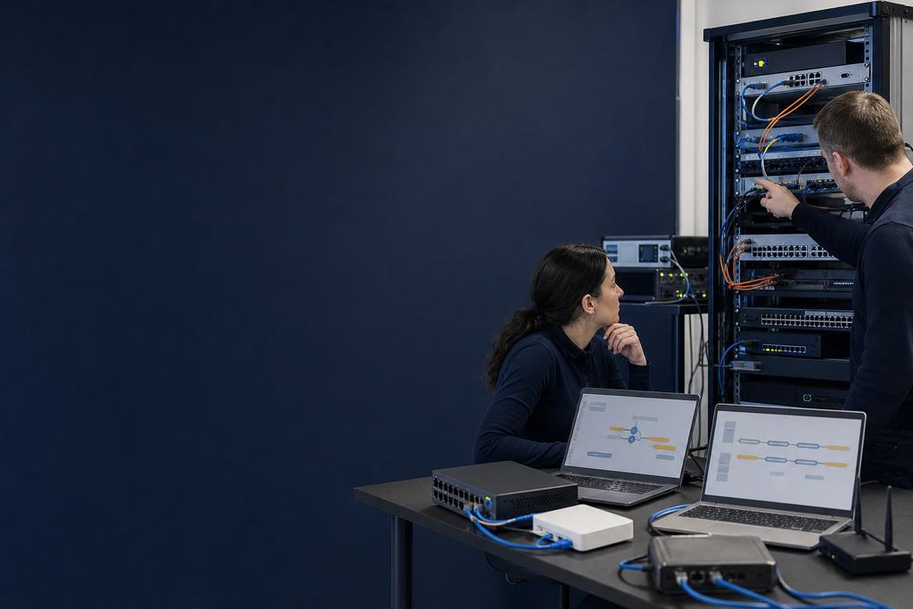 Illustratieve netwerk- en securityengineers die providerlijn, firewall, VPN, DNS en terugroute bij volledige uitval onderzoeken