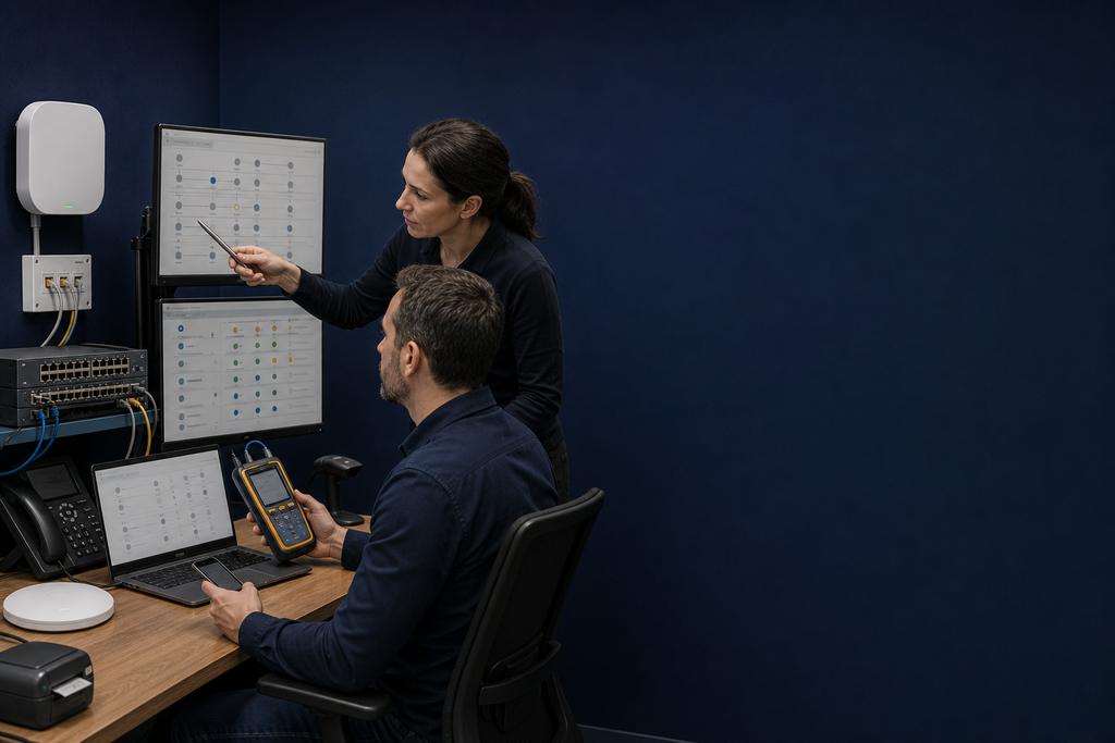 Illustratieve WiFi- en netwerkspecialisten die een niet-werkende clientroute via accesspoint en PoE-switch controleren