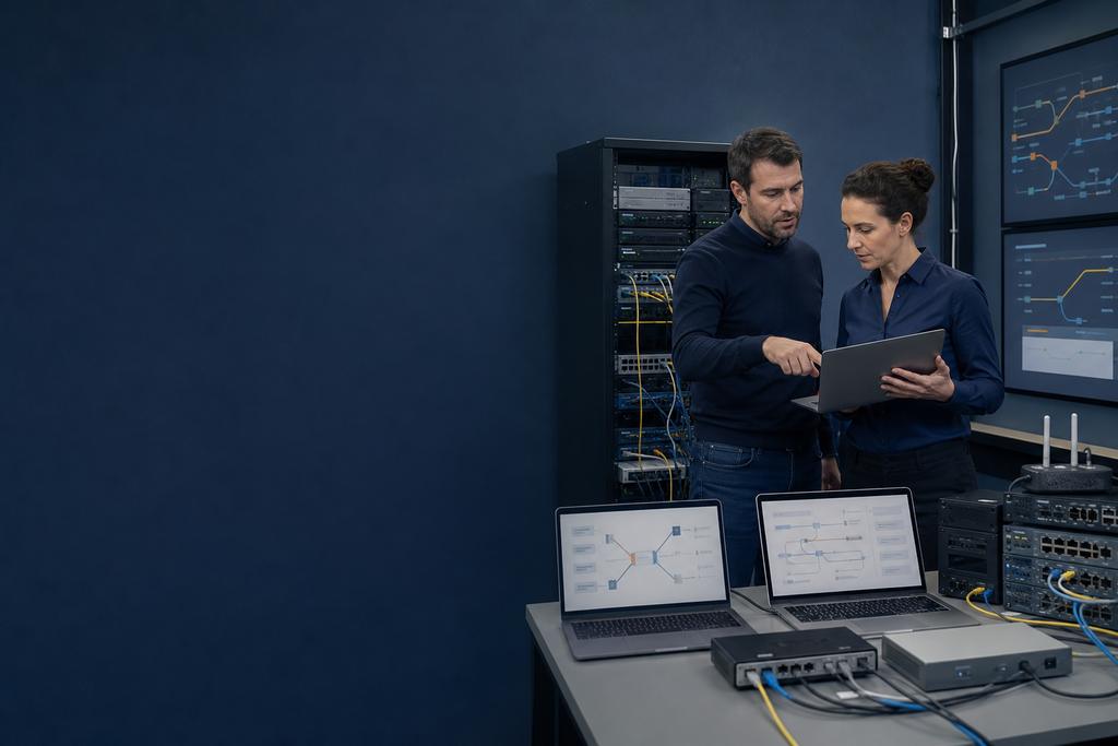 Illustratieve netwerk- en securityengineers die configuratie, routes, sessies en capaciteit van actief en reserve vergelijken vóór failover