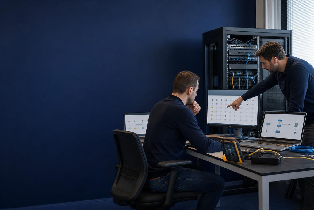 Illustratieve netwerk- en servicespecialisten die werkplek, verbinding, gateway, DNS, beveiliging en applicatie bij een onbereikbaar netwerk vergelijken