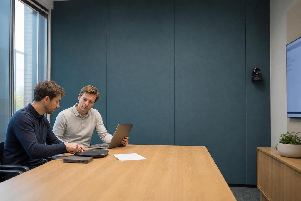 Illustratieve weergave van een Microsoft 365-specialist en medewerker die een vergader- en samenwerkingsprobleem controleren