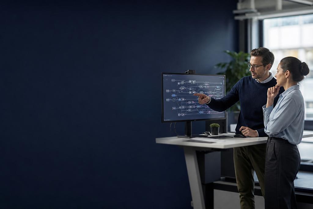 Illustratieve software-engineer en proceseigenaar die legacysoftware, afhankelijkheden en vernieuwingskeuzes beoordelen