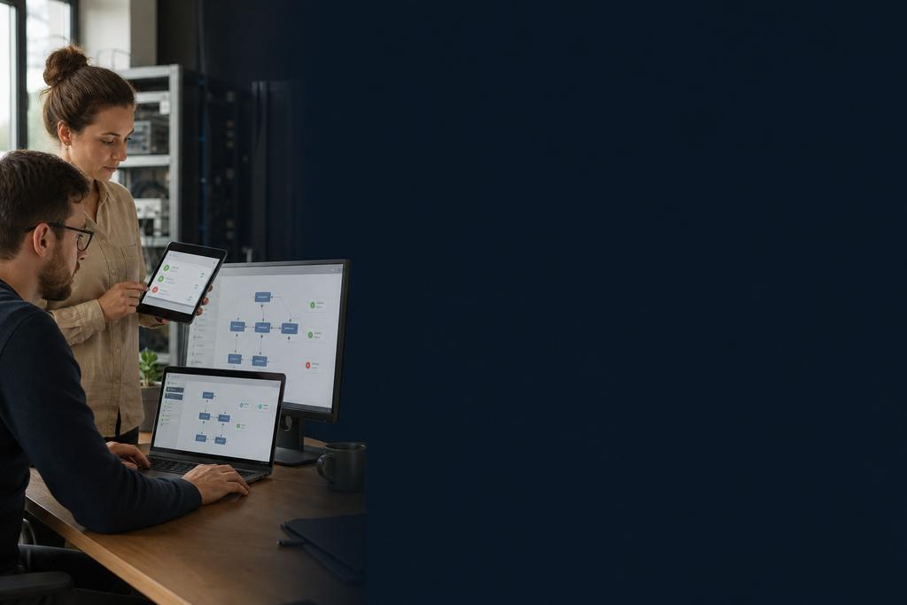 Illustratieve software-helpdeskmedewerker die met een gebruiker een melding, veilige oplossing en terugkoppeling controleert