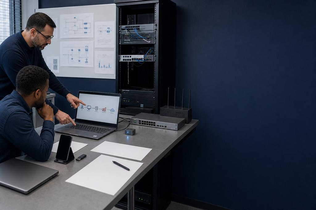 Illustratieve IT/OT- en securityspecialisten die controllers, zones, leveranciersroutes, levensduur, veilige maatregelen en herstel beheren