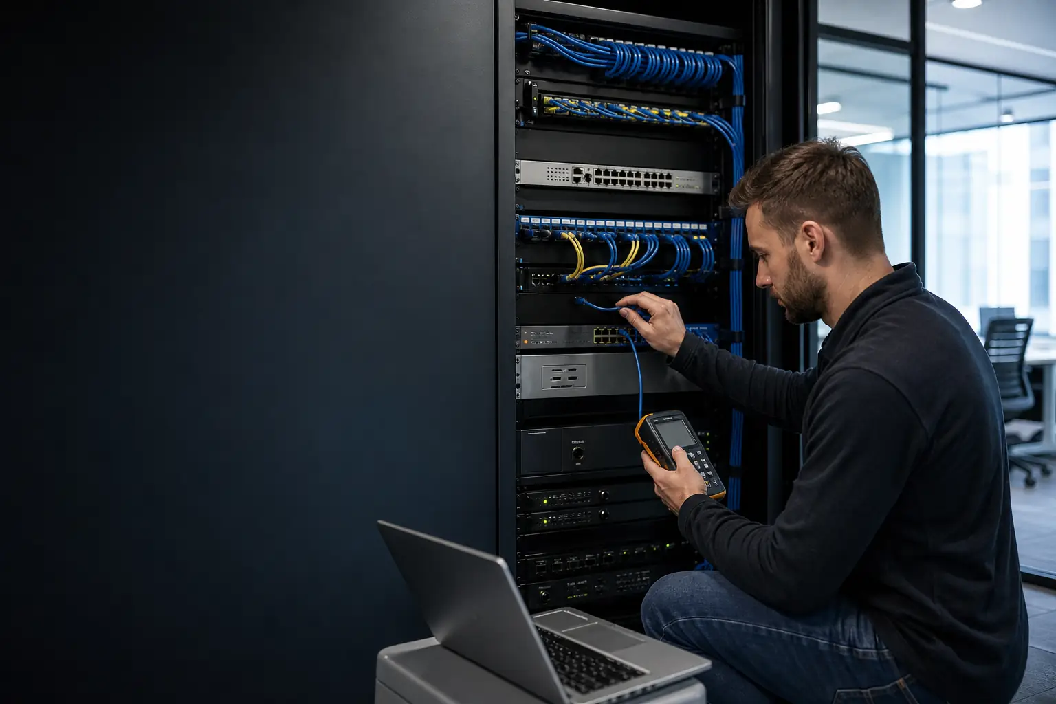 Network engineer testing business router and gateway equipment