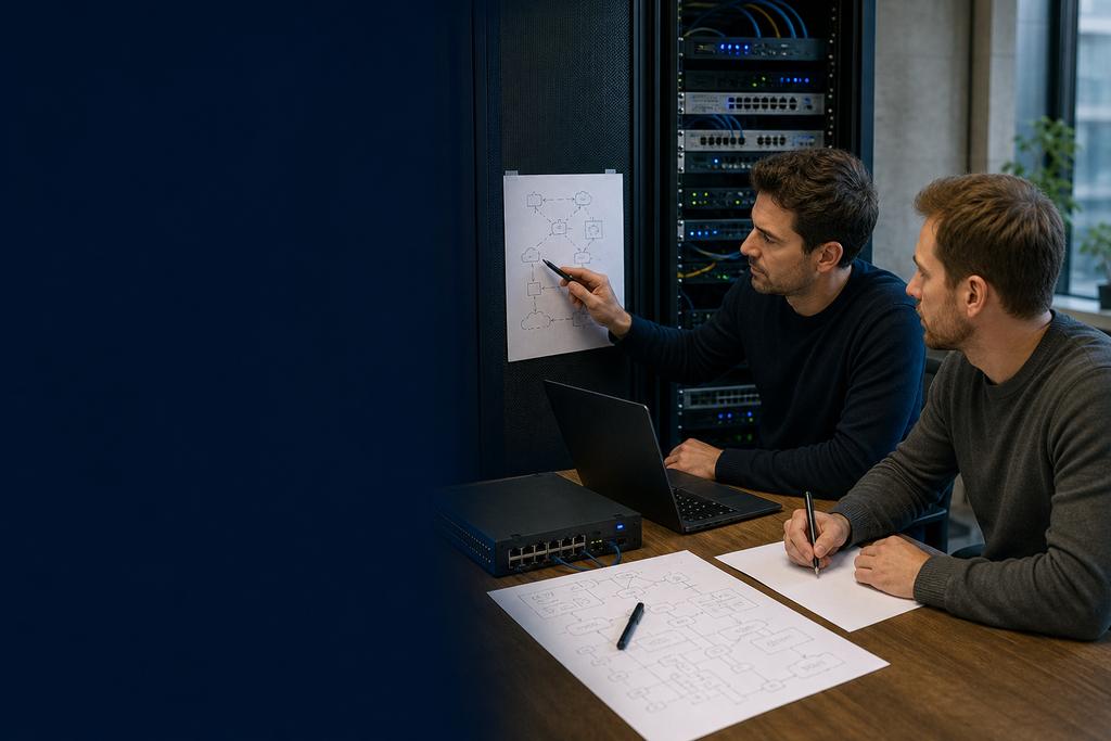 Illustratieve securityspecialisten die servers, accounts, netwerkverbindingen en mogelijke ICT-risico’s samen in kaart brengen