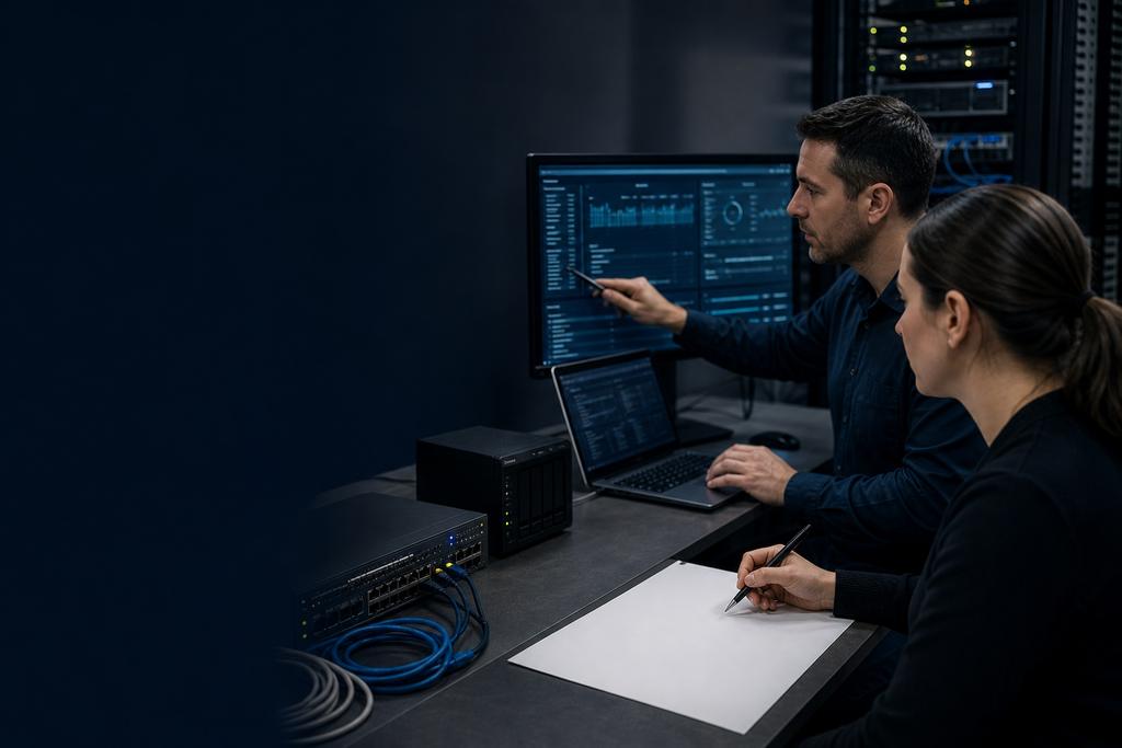 Illustratieve securityspecialisten die back-upbron, veilige kopie, beheerrechten en herstel van server, database en applicatie onderzoeken