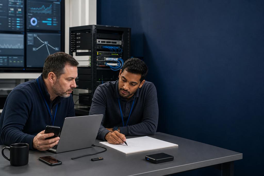 Illustratieve securityspecialisten die Microsoft 365-data, SharePoint, OneDrive, Teams, gasten, deellinks en apprechten onderzoeken