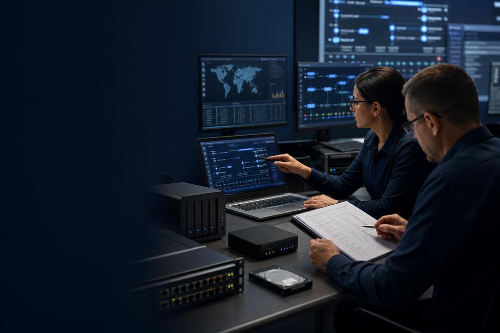 Illustratieve securityauditors die back-upselectie, actieve kopie, versleuteling, beheerrechten, waarschuwing en herstelomgeving controleren