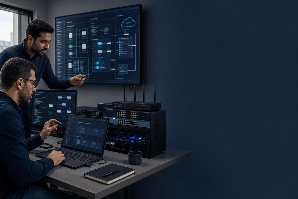 Illustratieve securityconsultants die identity, managed endpoint, applicatie-API, cloudarchitectuur en softwaretests voor een digitaal product beoordelen