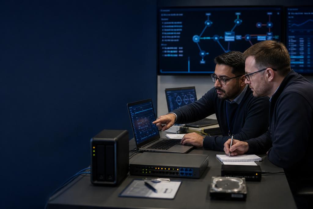 Illustratieve securityconsultants die incidentinformatie, technische beperkingsopties, communicatie en herstelcriteria beoordelen