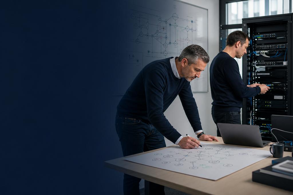 Illustratieve securityconsultants die bedrijfstaken, technische systemen, risico-opties en een uitvoerbare roadmap beoordelen