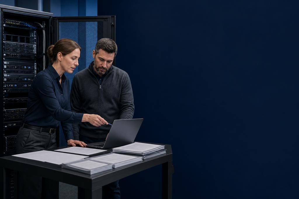 Illustratieve ICT-specialist en beheerder die toegang, configuraties, uitzonderingen en wijzigingen vergelijken