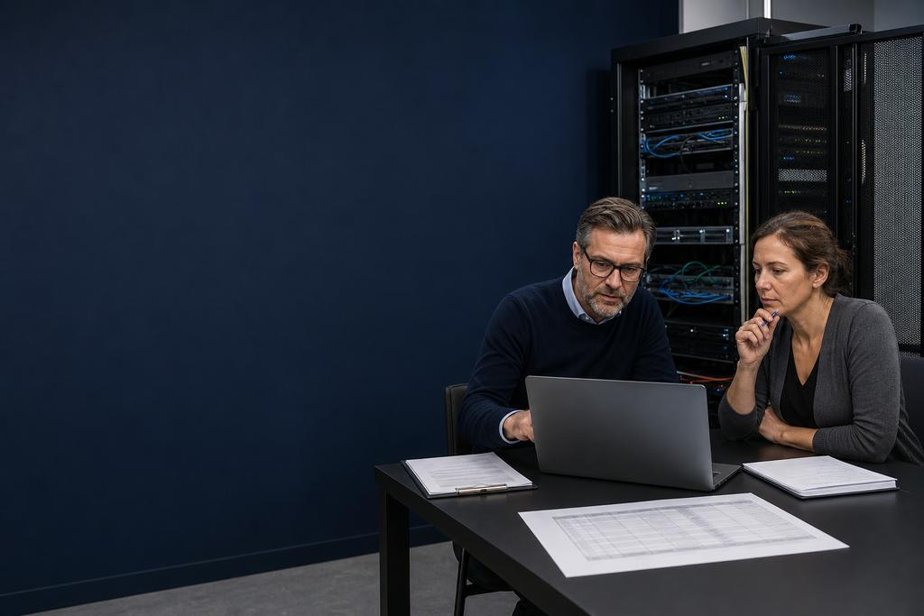 Illustratieve serverauditor en IT-verantwoordelijke die beheerafspraken, serverregistraties, steekproeven, afwijkingen en verbeteracties beoordelen
