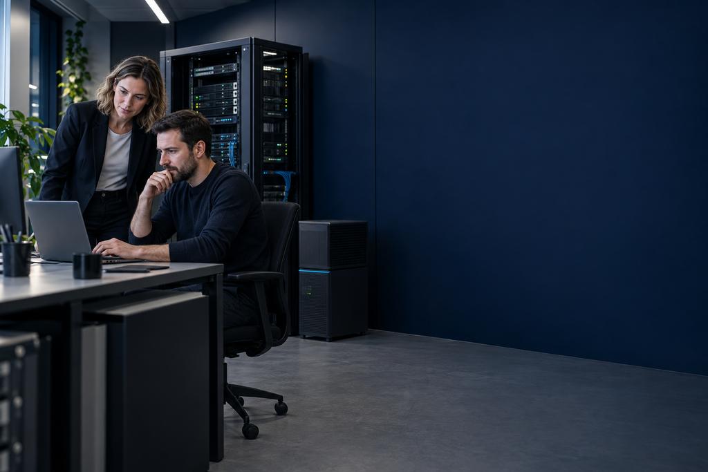 Illustratieve web- en serverbeheerders die DNS, TLS-certificaat, proxy, applicatieserver, database en API-route controleren