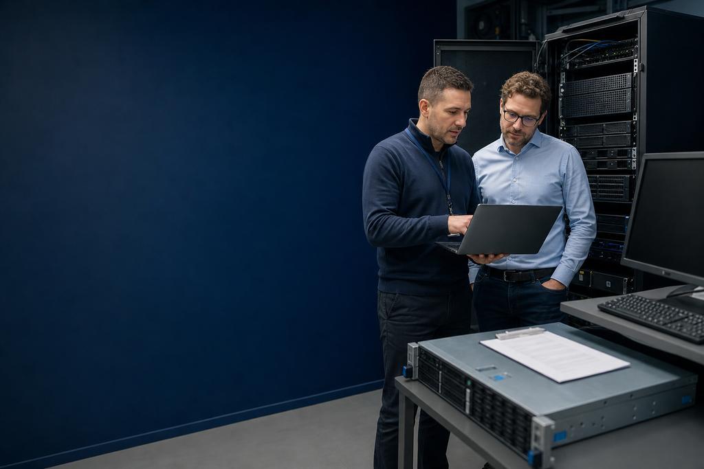Illustratieve serverbeheerder en IT-verantwoordelijke die rackserver, virtuele omgeving, bedrijfsdiensten en beheerplanning inventariseren