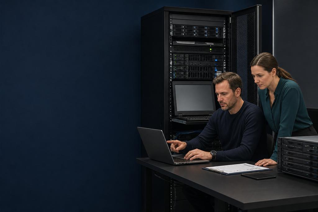 Illustratieve infrastructuur- en securitybeheerders die lokale rackserver, cloudserver, identiteit, monitoring en back-up als één dienst controleren