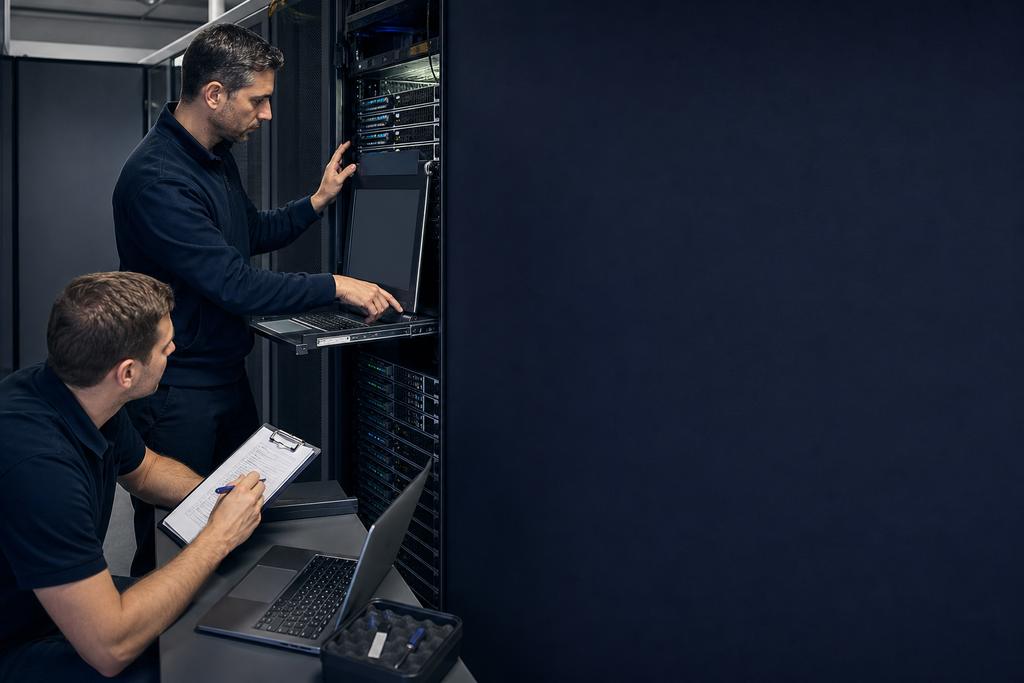 Illustratieve servertechnici die rackhost, opslagcapaciteit, firmware, hardwareonderdelen en vervangplanning beoordelen