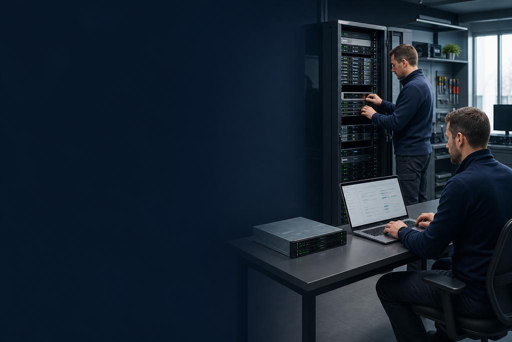 Illustratieve serversecurityspecialisten die servers, beheeraccounts, actieve diensten, logging, updates en herstel controleren