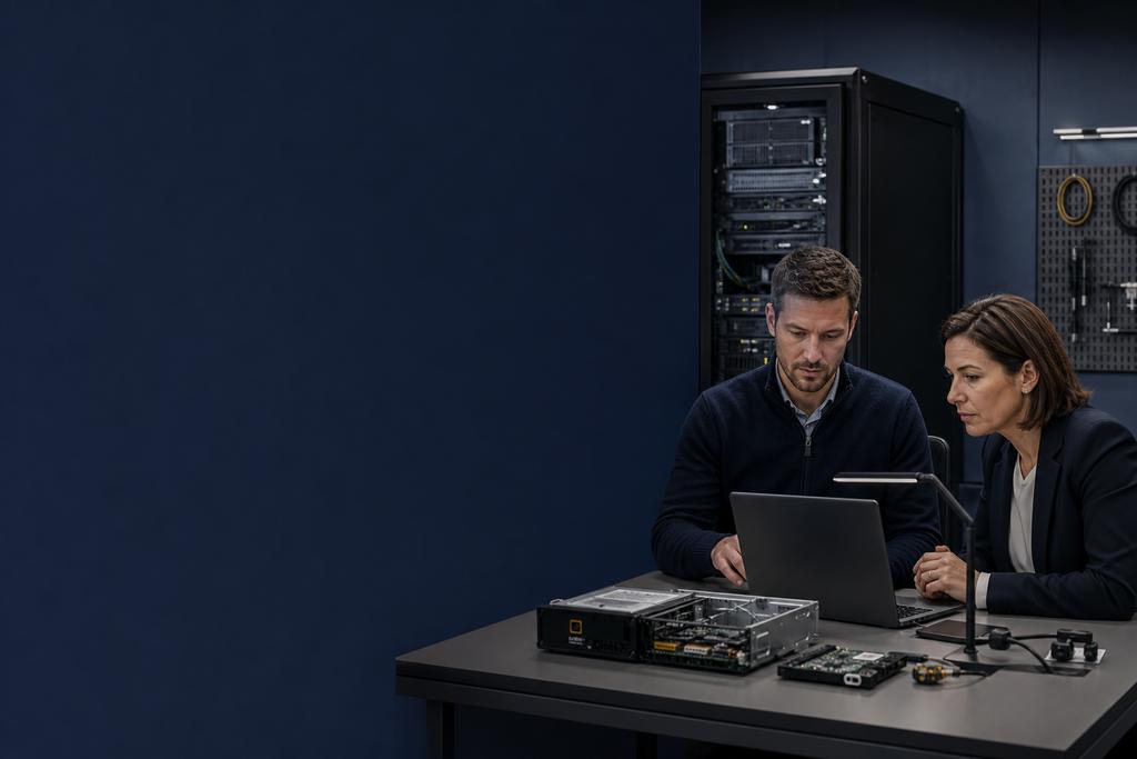 Illustratieve crashanalist en service-eigenaar die een onverwachte serverstop, hardwaremeldingen, opstartinformatie en bedrijfsimpact onderzoeken