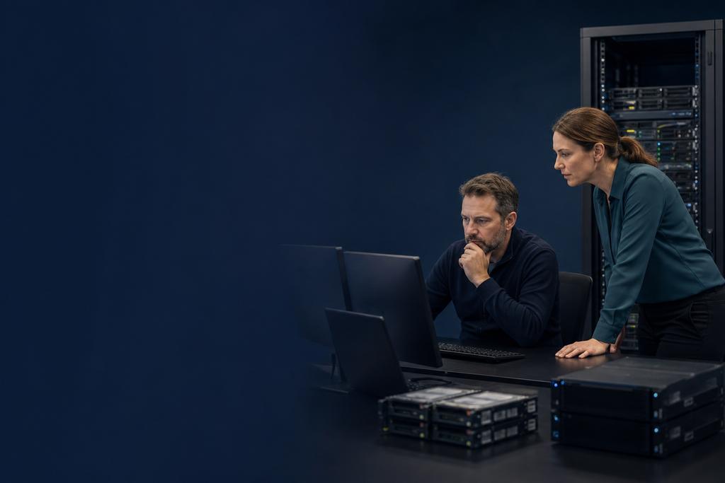 Illustratieve cloud- en recoveryspecialisten die cloudworkload, providerhost, blijvende opslag en herhaalbare serveropbouw onderzoeken