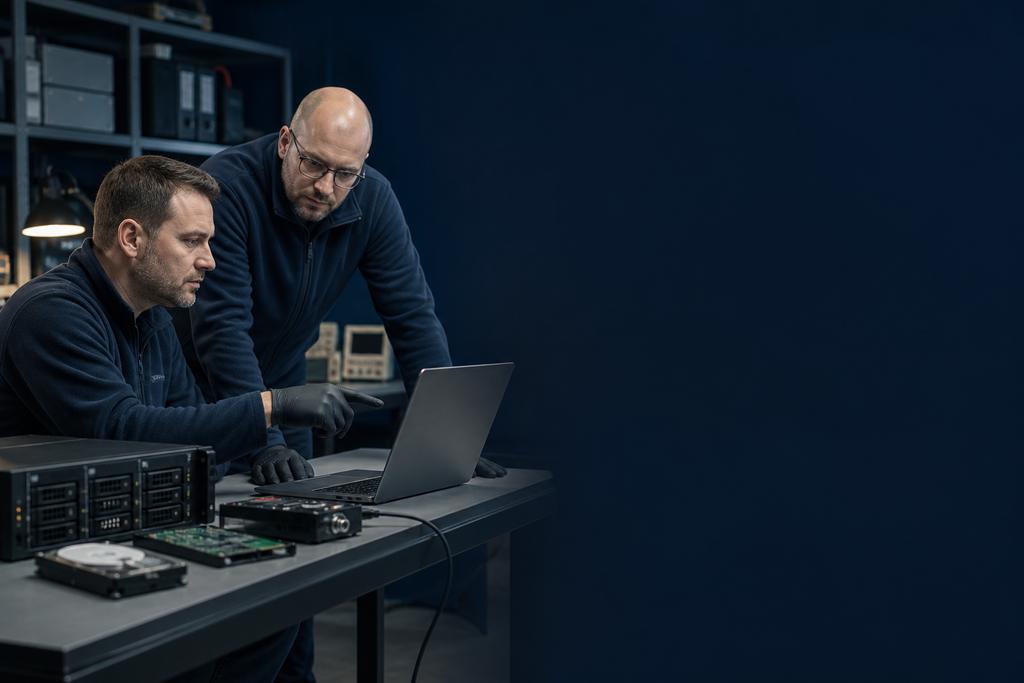 Illustratieve recovery engineer en productie-eigenaar die een servercrash, netwerkzone, gegevensstroom en veilige procesvrijgave beoordelen