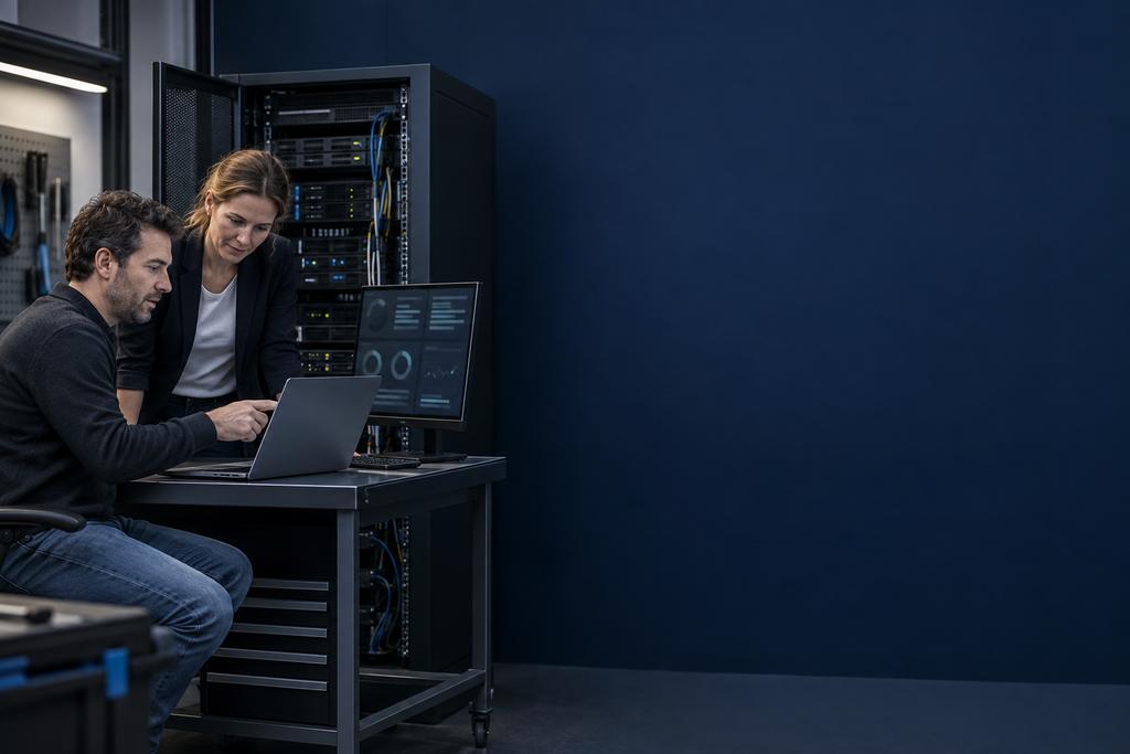 Illustratieve infrastructuurassessor en applicatie-eigenaar die webserver, TLS, applicatie, database, API en klantrespons beoordelen