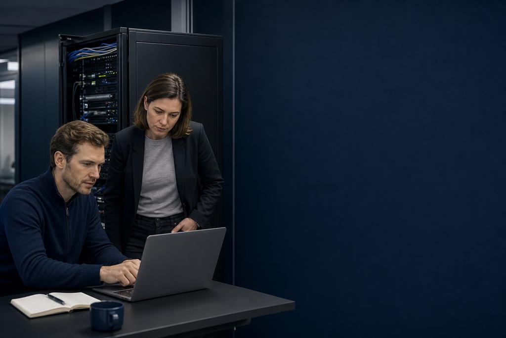 Illustratieve server- en securityspecialisten die jump host, netwerkgrens, interface-service, leverancierstoegang en back-up beoordelen