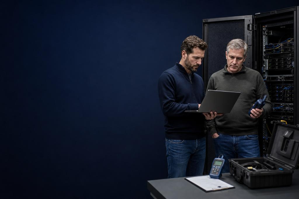 Illustratieve infrastructuurspecialist en IT-verantwoordelijke die serverhardware, configuratie, opslag, back-up en verbeterprioriteiten beoordelen