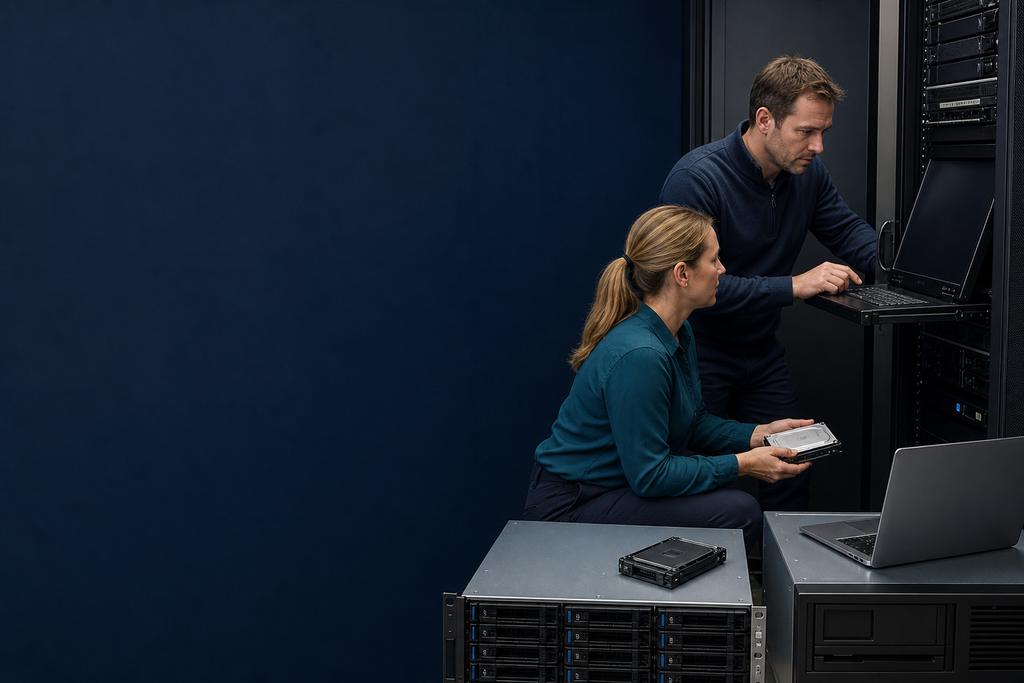 Illustratieve infrastructuur- en continuïteitspecialisten die servercapaciteit, hardwareconditie, ondersteuning, groei en vervangprioriteit beoordelen