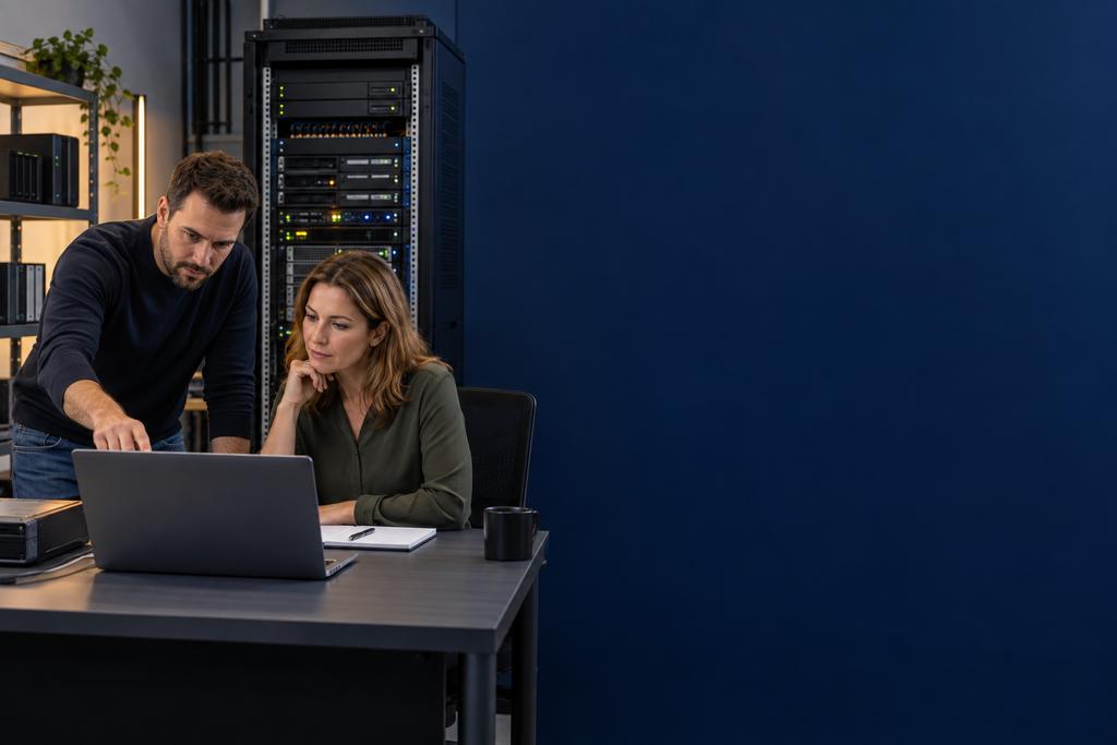 Illustratieve recovery engineer en applicatie-eigenaar die softwareversie, database, bestanden, achtergrondtaken en gecontroleerde terugkeer beoordelen