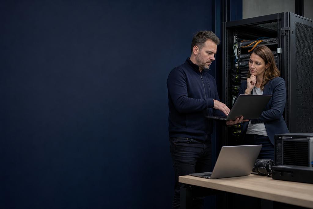 Illustratieve backupspecialist en proceseigenaar die herstelde gegevens, applicatiewerking en veilige vrijgave beoordelen