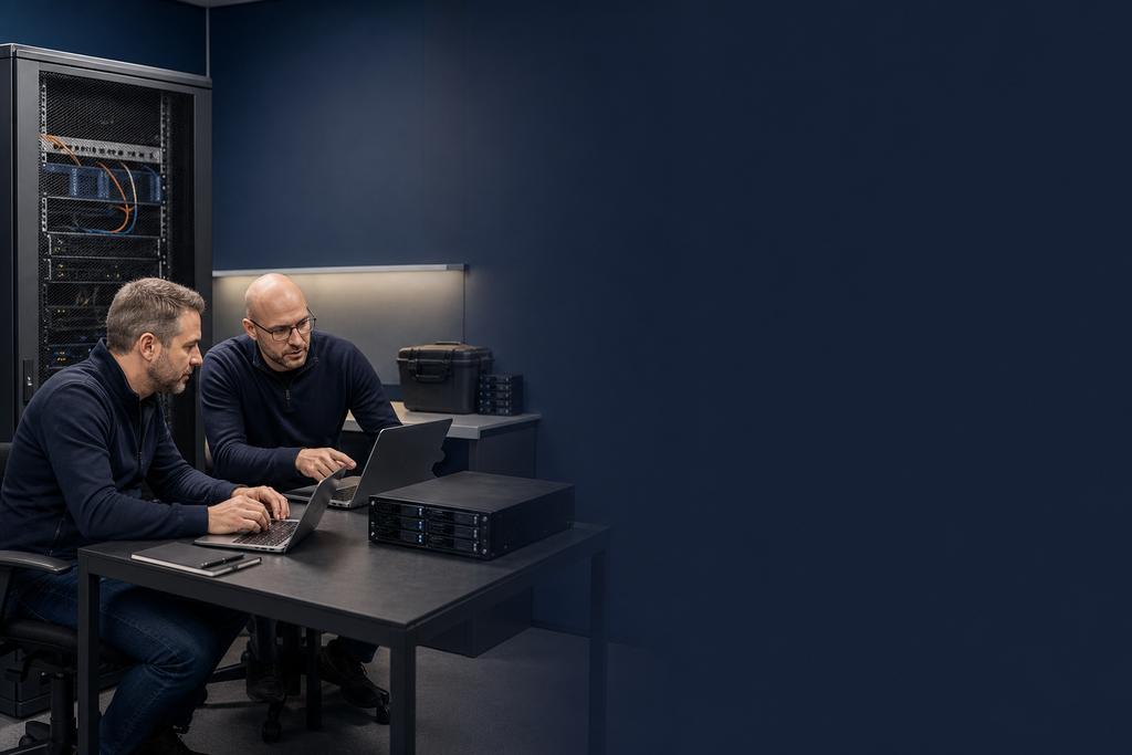 Illustratieve ICT-specialisten die externe backupopslag, aparte hersteltoegang, netwerkroute en applicatieherstel met elkaar verbinden