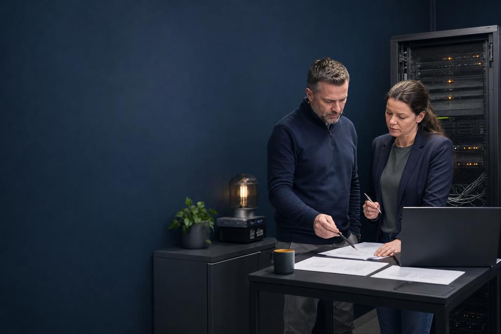 Illustratieve backupspecialist en bedrijfseigenaar die bepalen welke bedrijfstaken en gegevens naar een onafhankelijke externe kopie gaan