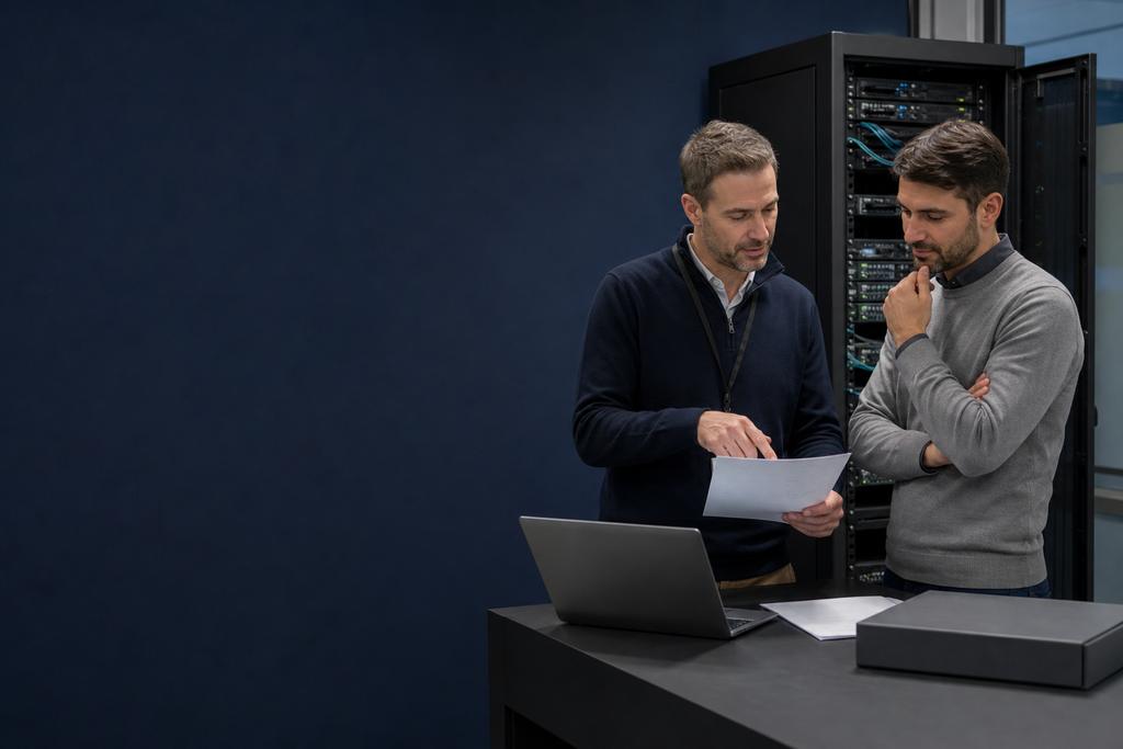 Illustratieve cloud- en serverspecialisten die identiteit, netwerk, opslag, monitoring, back-up en kosten voor een cloudserver beoordelen