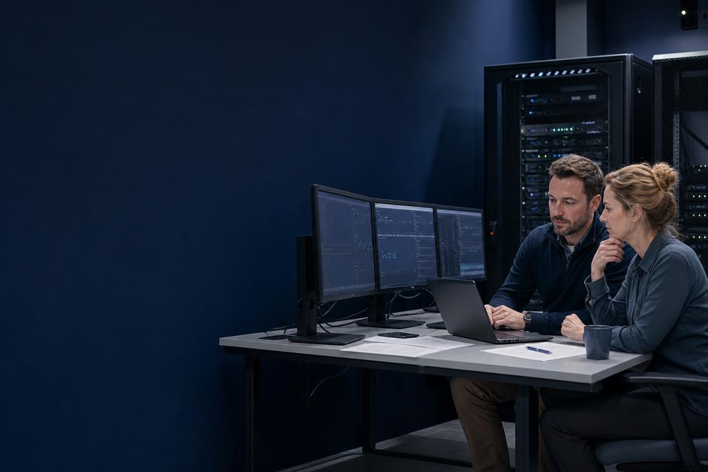 Illustratieve cloudcutoverleider en integratie-eigenaar die endpoints, certificaten, netwerkuitgang, berichten, wachtrijen en tellingen controleren