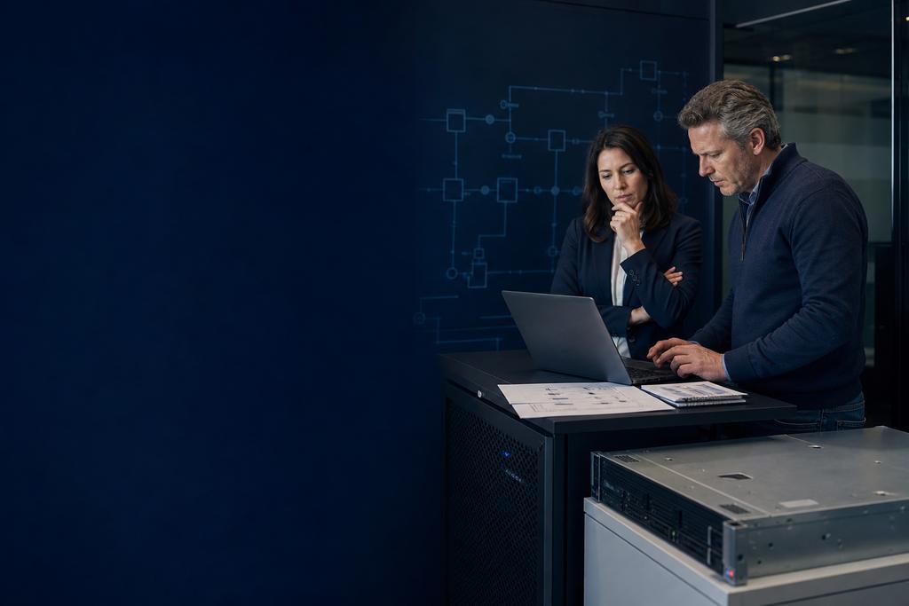 Illustratieve cloudarchitect en service-eigenaar die serverworkloads, cloudbasis, netwerk, herstel, kosten en exit beoordelen