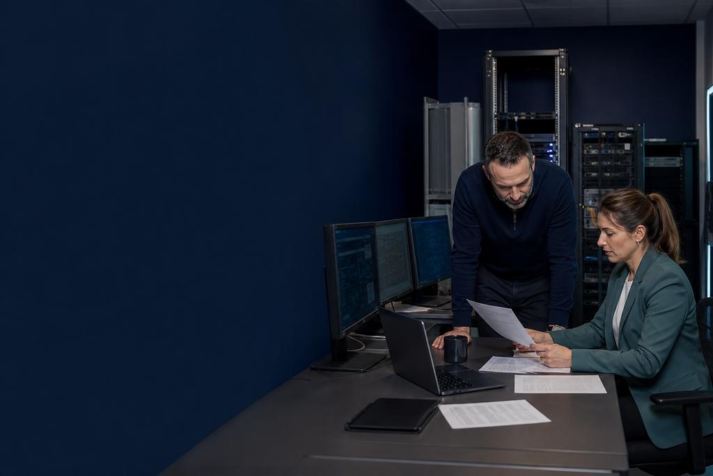 Illustratieve cutoverleider en service-eigenaar die fysieke, virtuele en cloudserverdoelen, herstel, kosten en export vergelijken