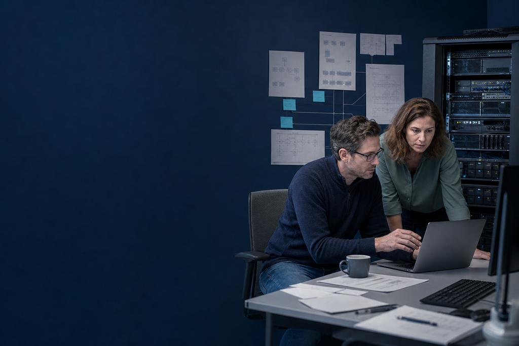 Illustratieve migratiearchitect en service-eigenaar die bronservers, applicaties, afhankelijkheden, doelomgeving en terugweg voorbereiden