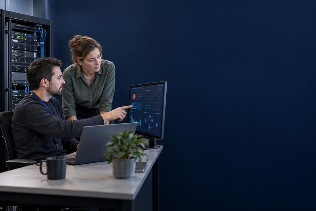 Illustratieve monitoringengineer en applicatie-eigenaar die een serverdienst, waarschuwing, gebruikersimpact en opvolgactie beoordelen