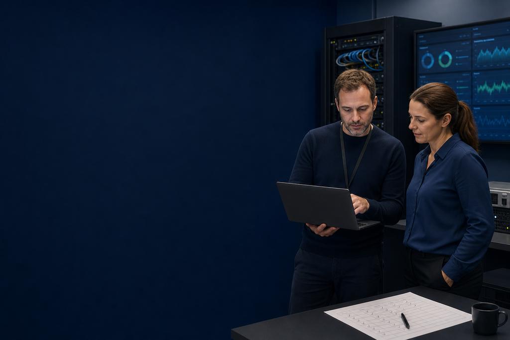 Illustratieve monitoringengineer en service-eigenaar die systemen, backupdekking, jobs, herstelpunten en meldroutes inventariseren