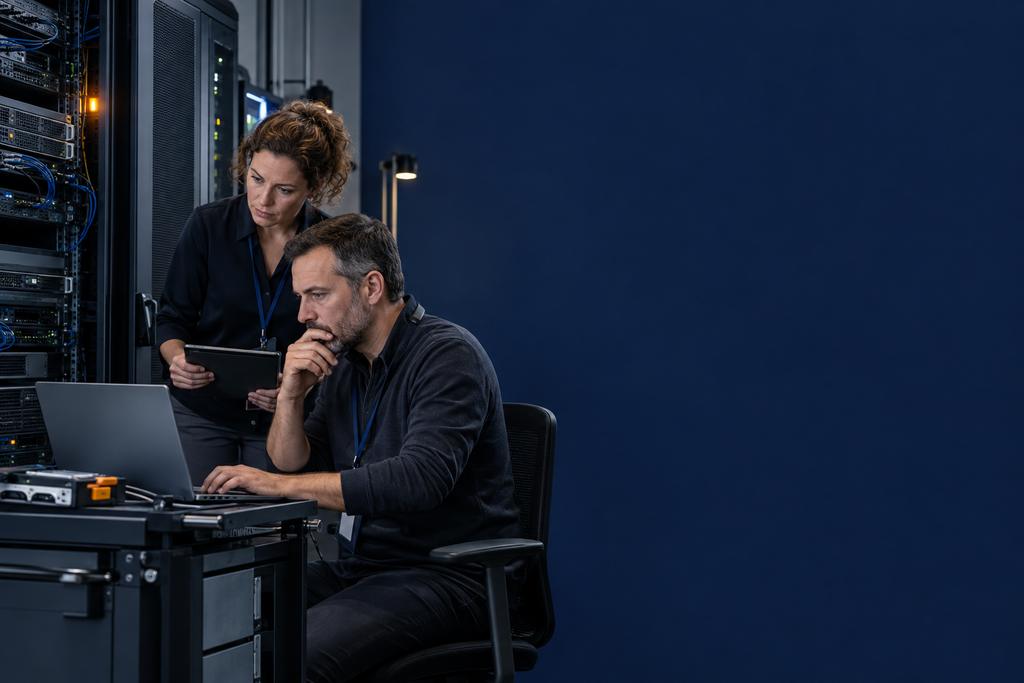Illustratieve serverincidentengineer en applicatie-eigenaar die applicatieproces, database, achtergrondtaken, wachtrijen en veilige hervatting beoordelen