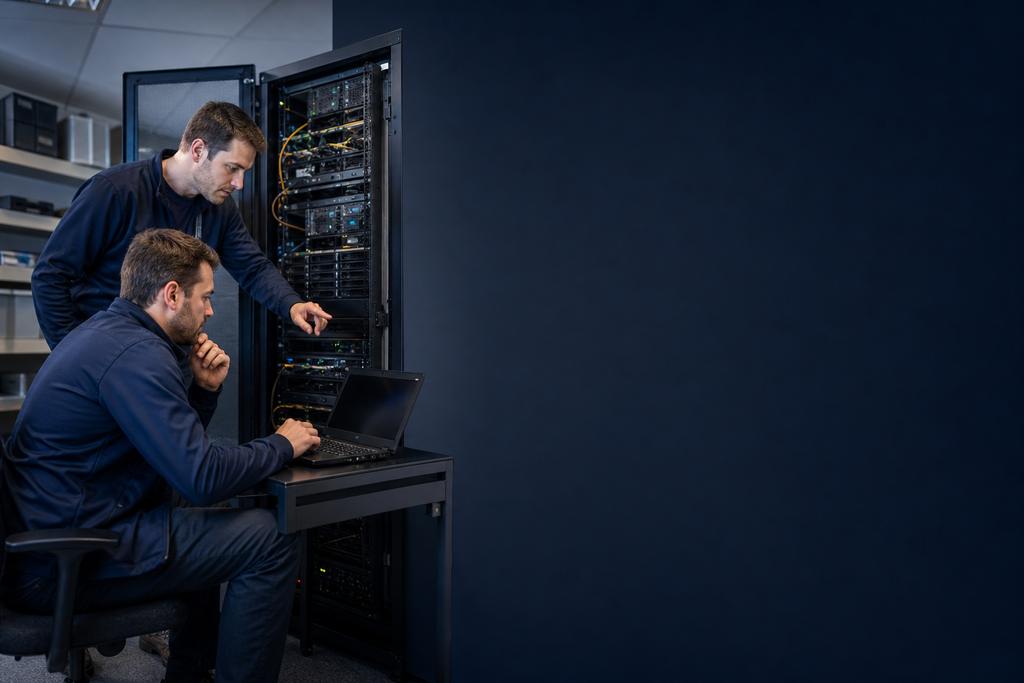 Illustratieve netwerk- en incidentengineers die DNS, route, firewall, certificaat en begrensde noodverbinding naar een server onderzoeken