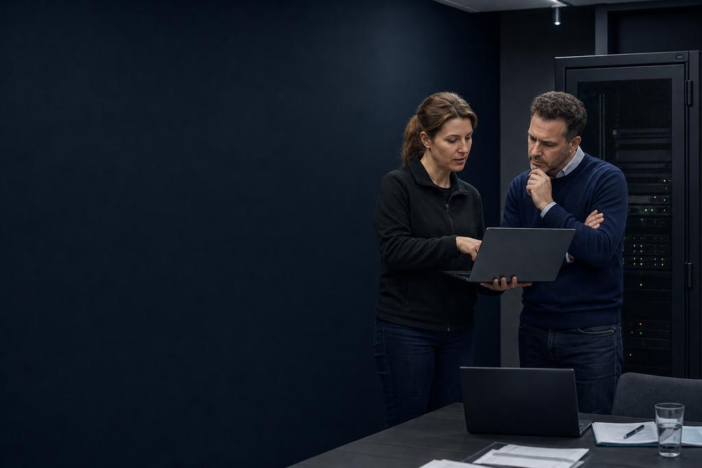 Illustratieve herstelengineer en service-eigenaar die back-upmoment, gegevensverlies, tijdelijke uitwijk en veilige herstelproef afwegen